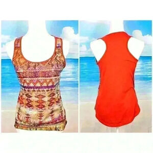 BONGO Tank Top RED SEQUIN Southwestern Shirt Racerback STRETCH Lightweight Med